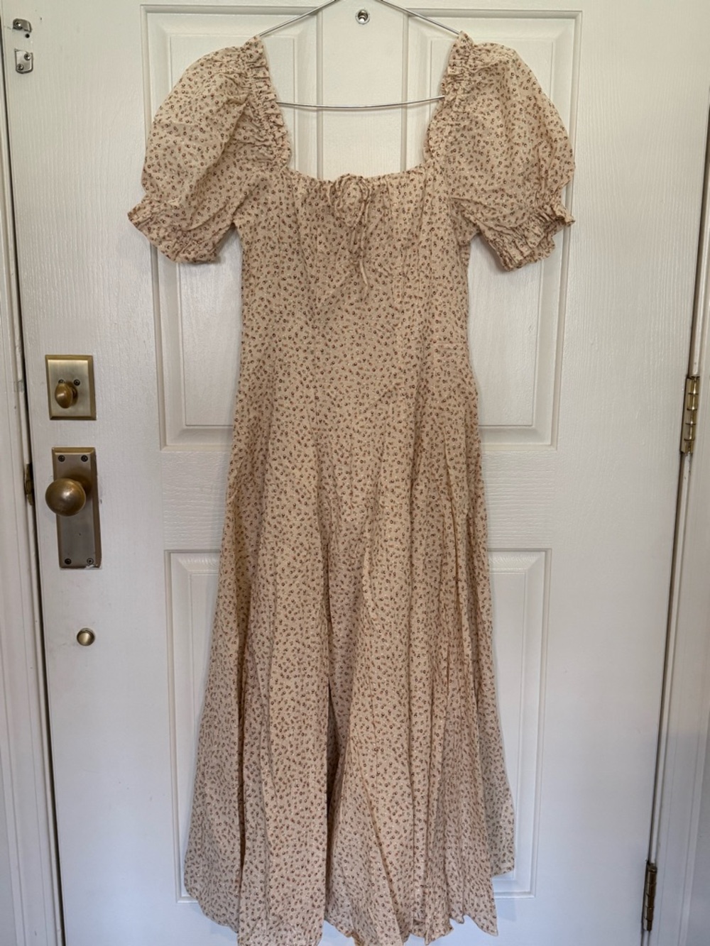 Beige Floral Puff-Sleeve Maxi Dress with Tie Front